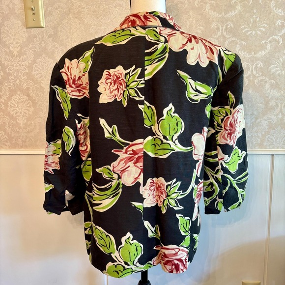 Cute Linen Blend 90s Black No Close Jacket with Large Print Pink Flowers Size 14 - Picture 5 of 10